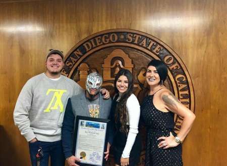In Picture From Left: Domanic, Rey Mysterio, Aaliyah, and Angie Gutierrez